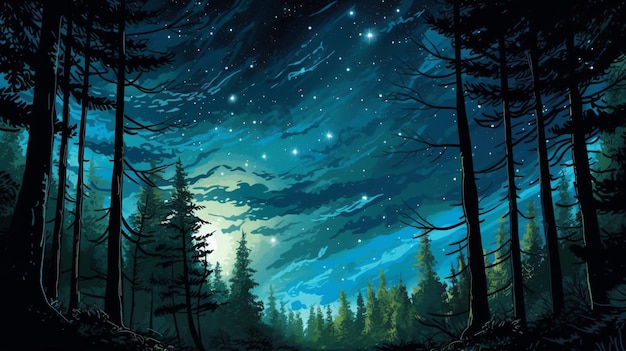 night in forest illustration night sky with stars