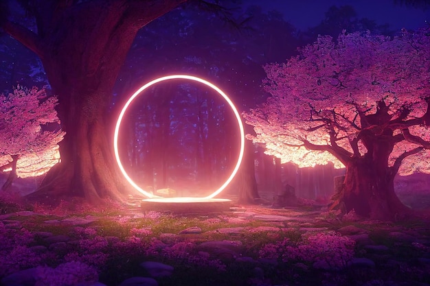 Foto paesaggio forestale notturno con un magico anello luminoso e alberi con un'illustrazione 3d di bagliore viola