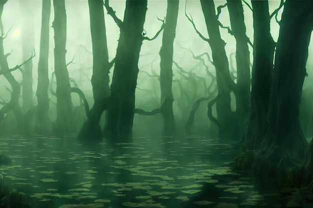 Night forest landscape with spooky trees and dark trunks in a\
forest swamp 3d illustration