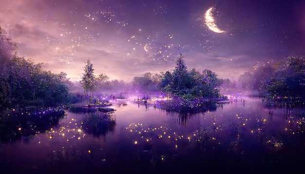 Night forest with a full moon in the sky with glowing fireflies over a purple lake under the trees 3d illustration