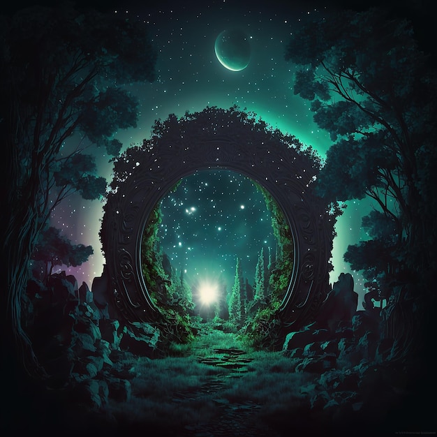 Night forest with a magical portal and a green glow in it under a dark starry sky 3d illustration