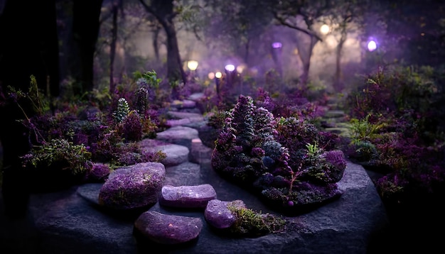 Night forest with a path of stones and purple fairy plants\
bright lights among the bushes