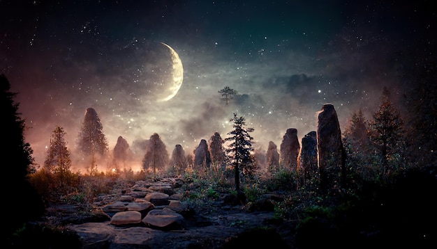 Night forest with rocks and coniferous trees under the starry sky with the moon