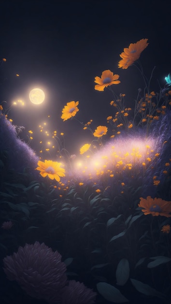 Night forests and light glowing in flowers ai generated