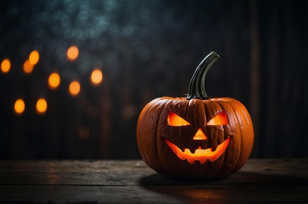 Photo night front view of a scary halloween pumpink