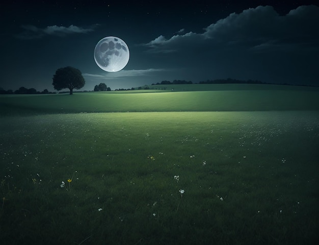 Night full moon clouds and grass