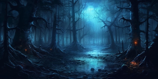 Night and Gloomy Fantasy Forest Scene Generative AI