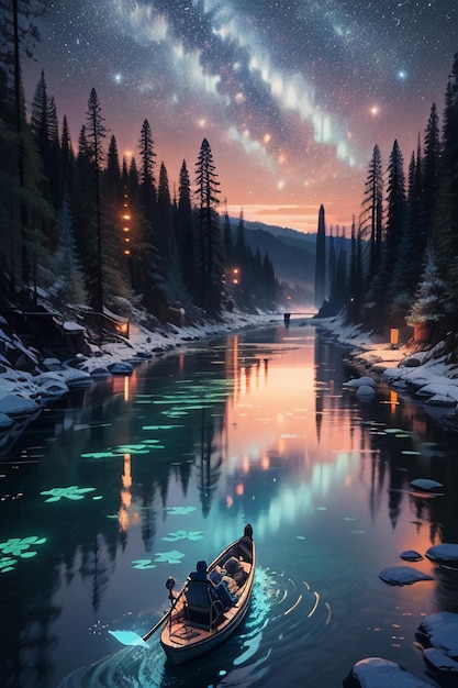 Night glowing river mountains forest trees village hazy wallpaper background illustration cartoon