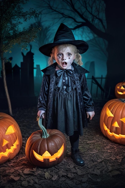 Ночной Хэллоуин ребенок с костюмом ведьмы