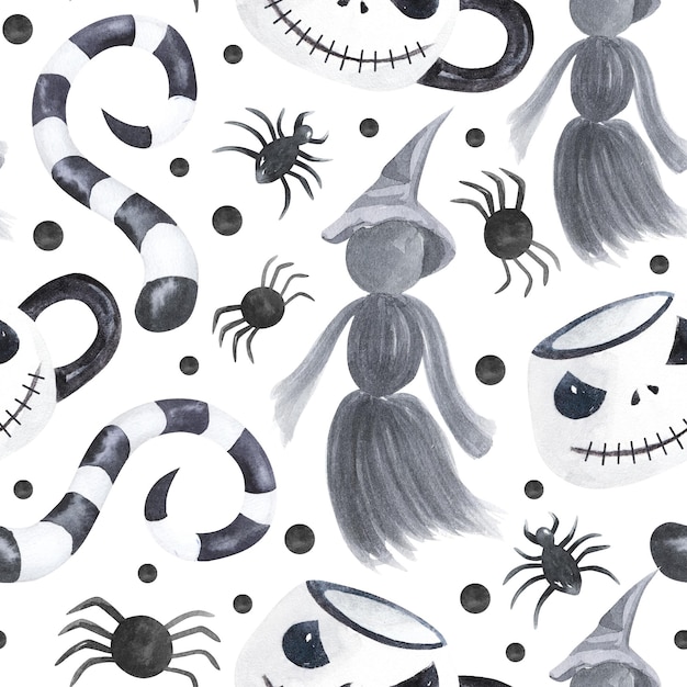 Night Halloween seamless pattern with witch hats and bats on spider web Hand drawn style watercolor