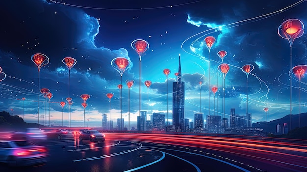 Ночной высокотехнологичный город Панорама футуристического города Поколение ИИ
