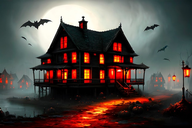 night horror house with windows halloween