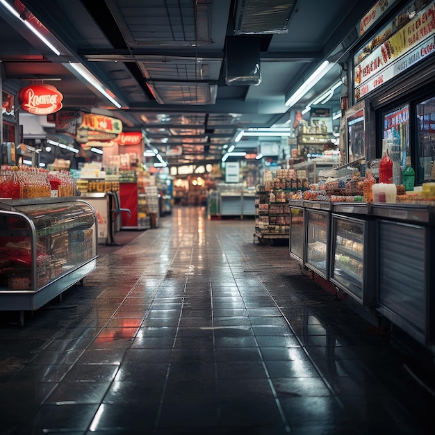 night Interior view of a shopping store supermarket generative ai