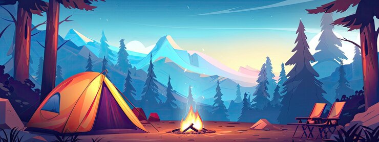 Photo night landscape camp in a forest with tents and campfire cartoon illustration