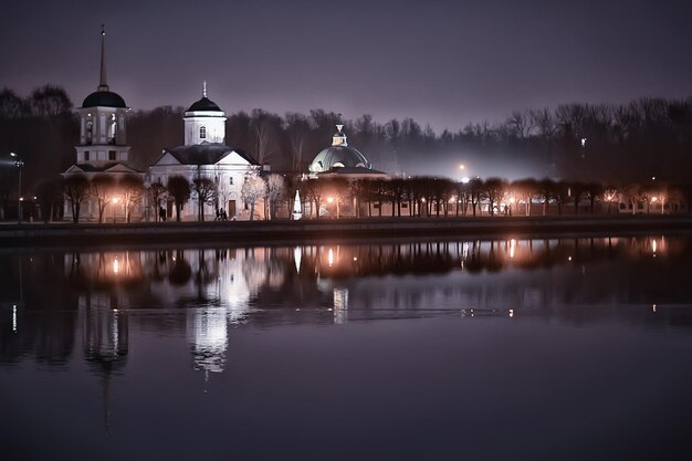 Night landscape church near russia river, abstract historical\
landscape architecture christianity in russia tourism