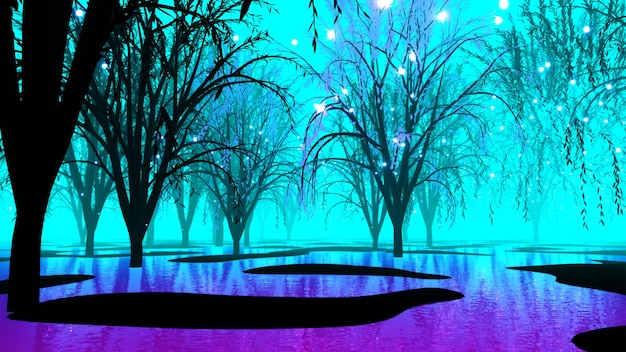 Night landscape dark forest river Night sky reflection in water and mystical scifi forest