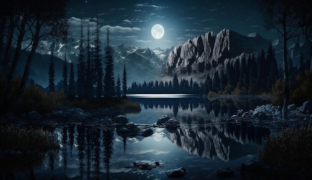 夜の風景暗い森の川