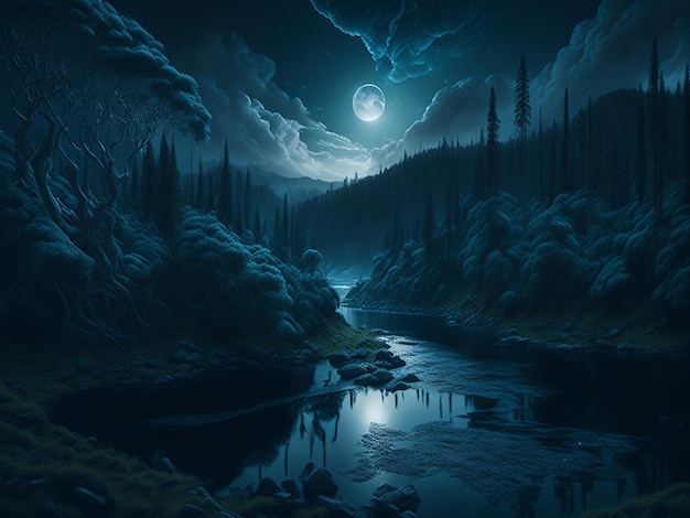 Night landscape dark forest river