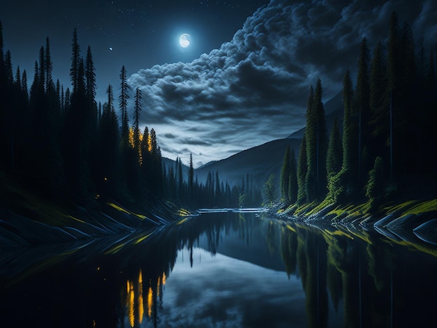 Night landscape dark forest river