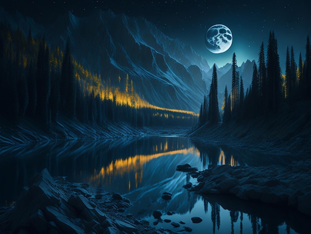 Night landscape dark forest river