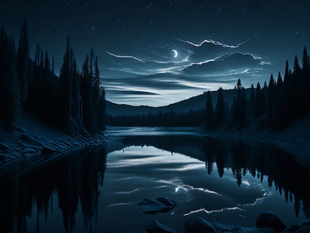 Night landscape dark forest river