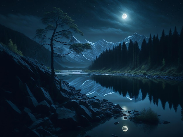 Night landscape dark forest river