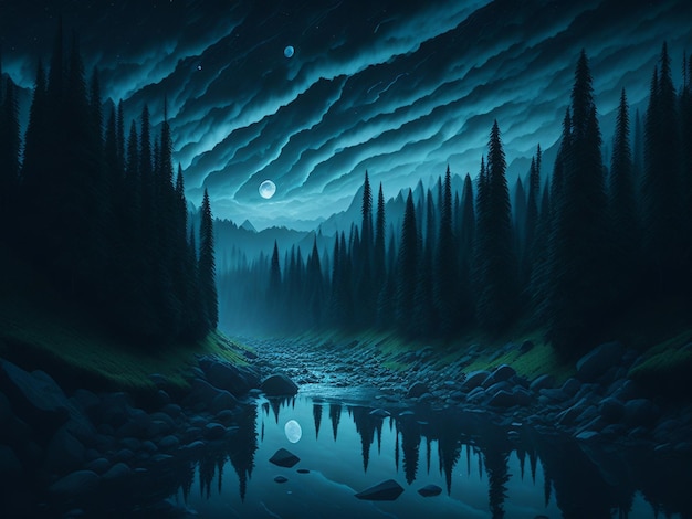 Night landscape dark forest river