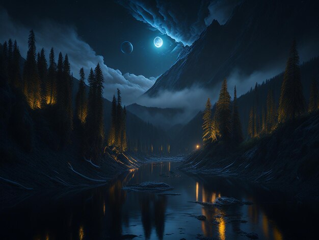 Ночной пейзаж, темная лесная река
