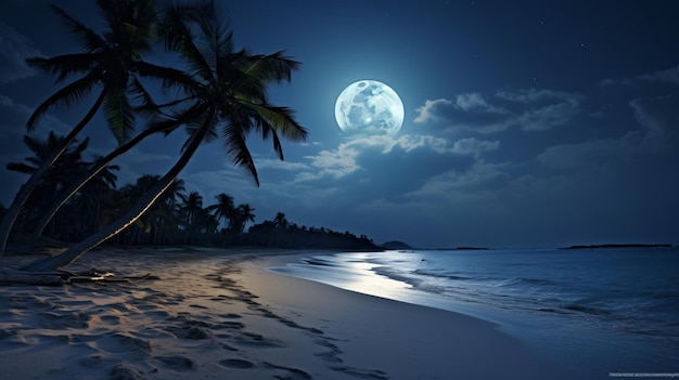 Night landscape deserted beach palm tree view