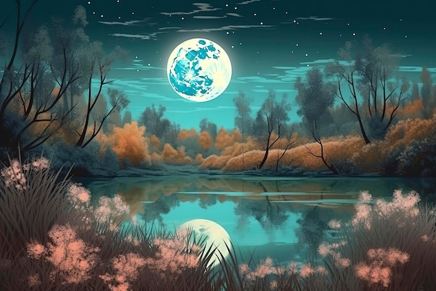 Ночной пейзаж окружающая среда урожай луна над сверкающим озером пышная растительность березовые деревья цветы волшебная галактика 3d рисунок цифровое искусство генерировать ИИ