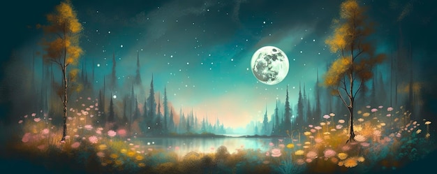 Ночной пейзаж окружающая среда урожай луна над сверкающим озером пышная растительность березовые деревья цветы волшебная галактика 3d рисунок цифровое искусство генерировать ИИ