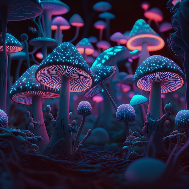 Night landscape full of big mushrooms