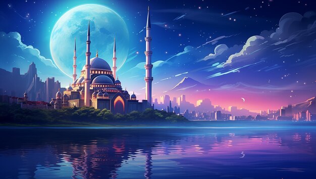 night landscape of a mosque on the coast against the background of a purple sky with a big moon