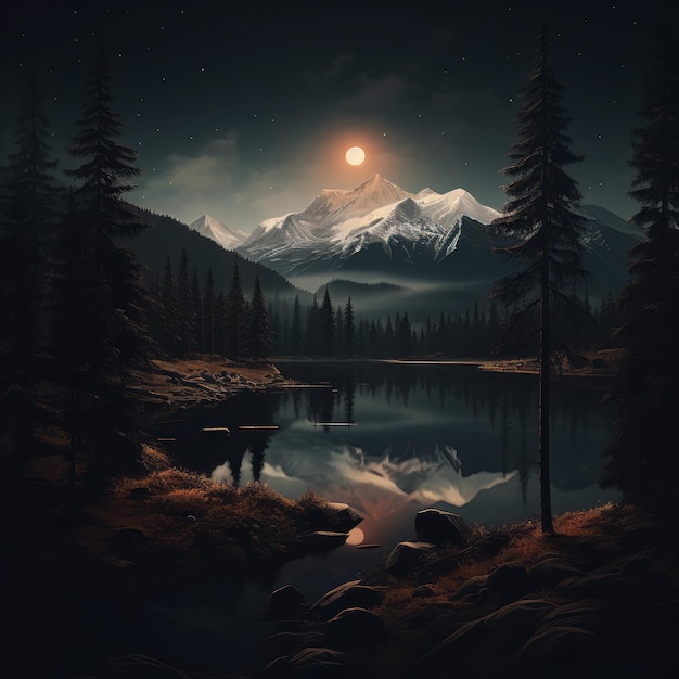 Night Landscape Of Mount Elbrus With Pine Trees And Reflecting River