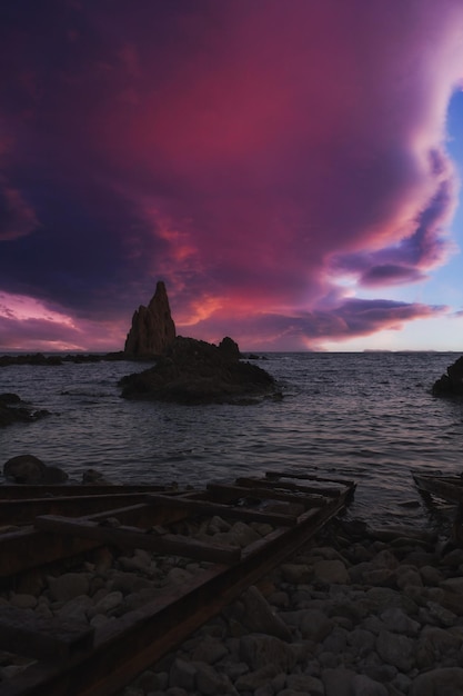 night landscape of the reef of the sirens in almeria andalucia spain