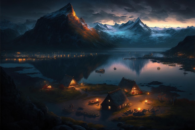 Night landscape of a viking village with mountains river and rustic houses Generative AI