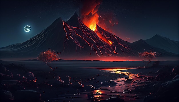 Вулкан пейзажа ночи с горящей лавой и облаками дыма