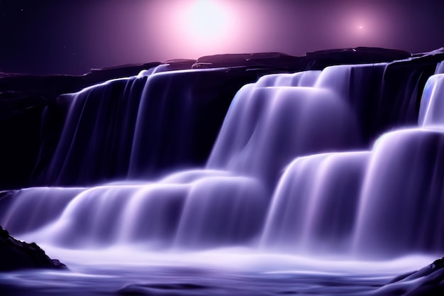 Night landscape of a waterfall in the fog 3D illustration