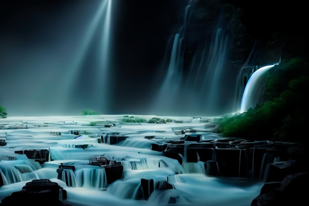 Night landscape of a waterfall in the fog 3D illustration