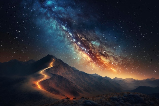 Night landscape with colorful Milky Way, generative ai