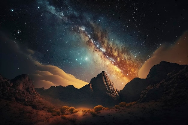 Night landscape with colorful Milky Way, generative ai