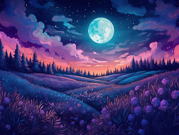 Night landscape with full moon and flowers generative ai