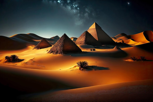 Night landscape with high egyptian pyramids among sand dunes