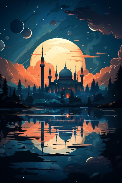 Night landscape with islamic mosque and minarets