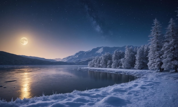 ночной пейзаж с озером и горами в панораме лунного света