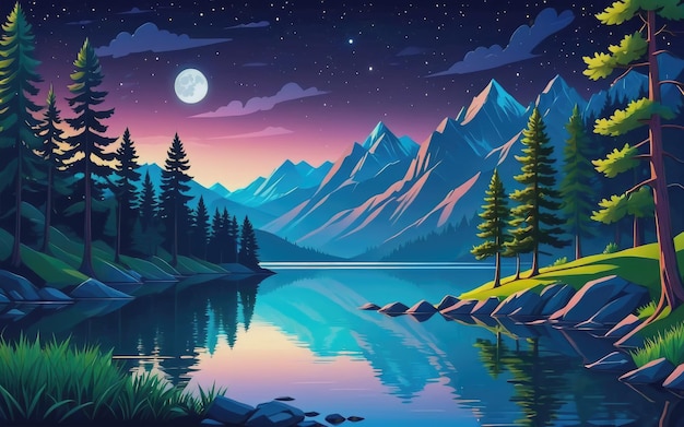 Night landscape with lake mountains and trees