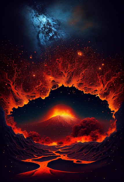 Night landscape with molten lava Generative AI