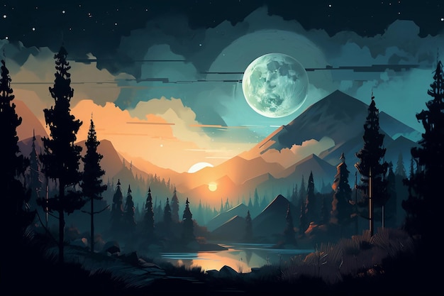 Night landscape with the moon AI Generated