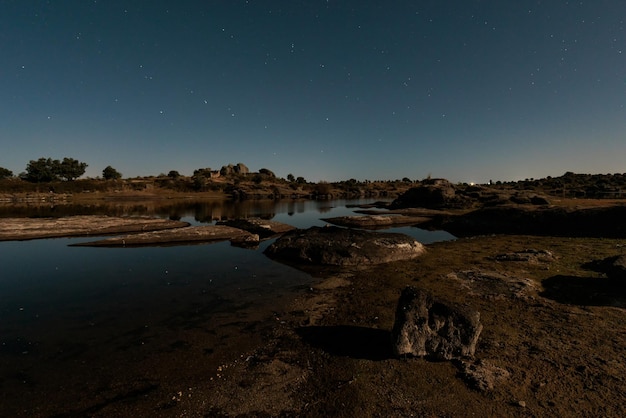 Night landscape with moonlight in the Barruecos Natural Area