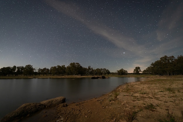 Night landscape with moonlight in the swamp of Valdesalor. Extremadura. Spain.
